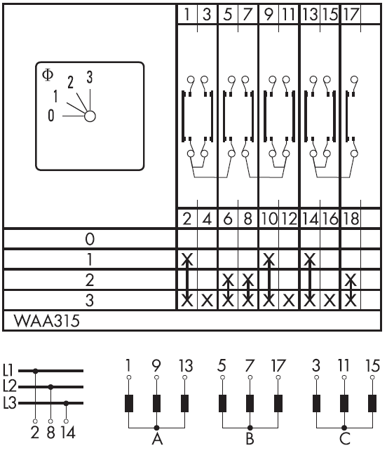 Схема переключателя (диаграмма переключения) WAA315